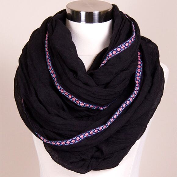 NEW NWT Boutique Solid Black Pink Aztec Trim Cowl Infinity Scarf - Picture 2 of 2